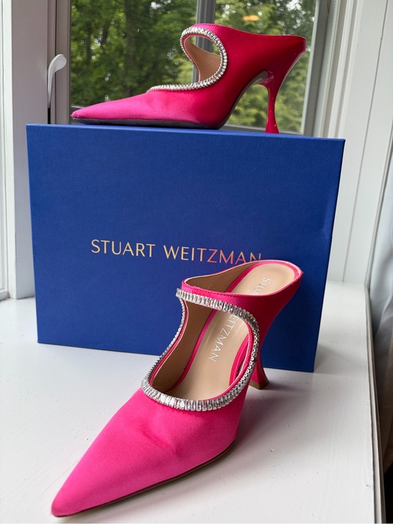 Stuart Weitzman Shoes - Stuart Weitzman Magenta Curve Satin Crystal-Trim Pointed-Toe Heels